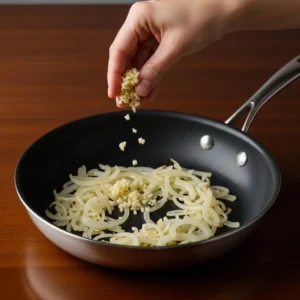 A hand sprinkling minced garlic into a skillet with cooked onions.