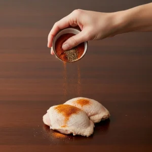 Sprinkling a spice rub of smoked paprika and cumin onto chicken.