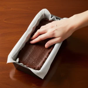 A hand firmly pressing the dark, fudgy bean and nut butter mixture into a lined loaf pan.