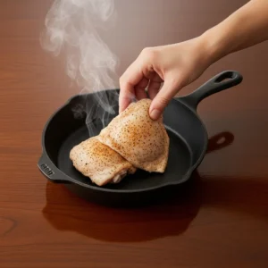 Placing a seasoned chicken thigh into a hot, dry cast iron skillet.