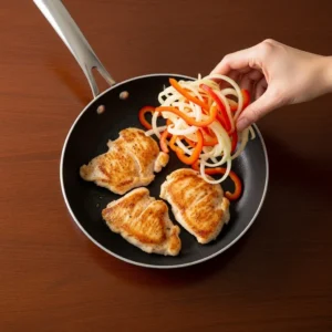Adding sliced bell peppers and onions to a hot skillet with chicken.
