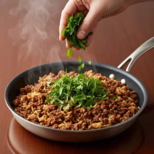 A hand sprinkling fresh chopped parsley over a finished skillet of ground beef and rice.
