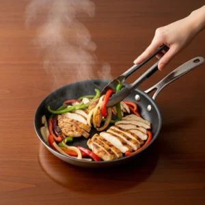 Tossing together sliced cooked chicken, peppers, and onions in a skillet.