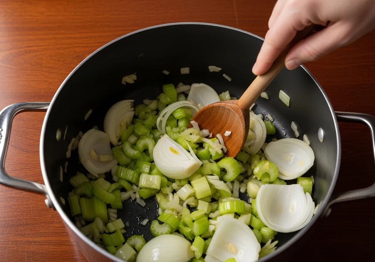 Close-up inside pot showing onions and celery sautéing until translucent with wooden spoon stirring on dark wood table
