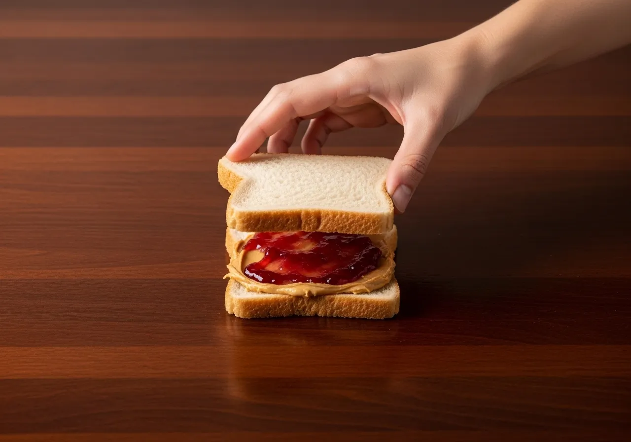A hand assembling a sandwich by placing the top slice over peanut butter and jam.