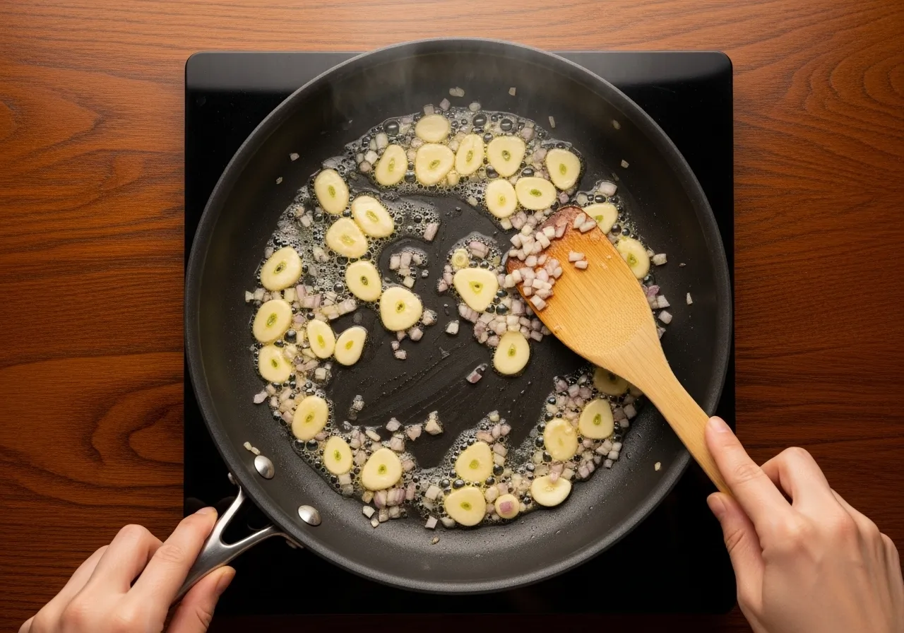 Large skillet with two tablespoons melted butter, sliced garlic, diced shallots, wooden spatula resting against pan edge