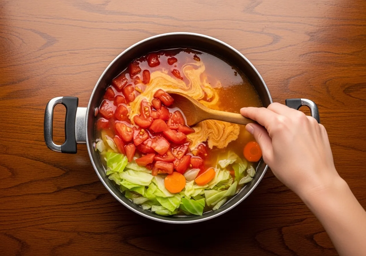 Pot showing diced tomatoes being stirred into vegetable broth with cabbage and carrots visible below on dark wood table