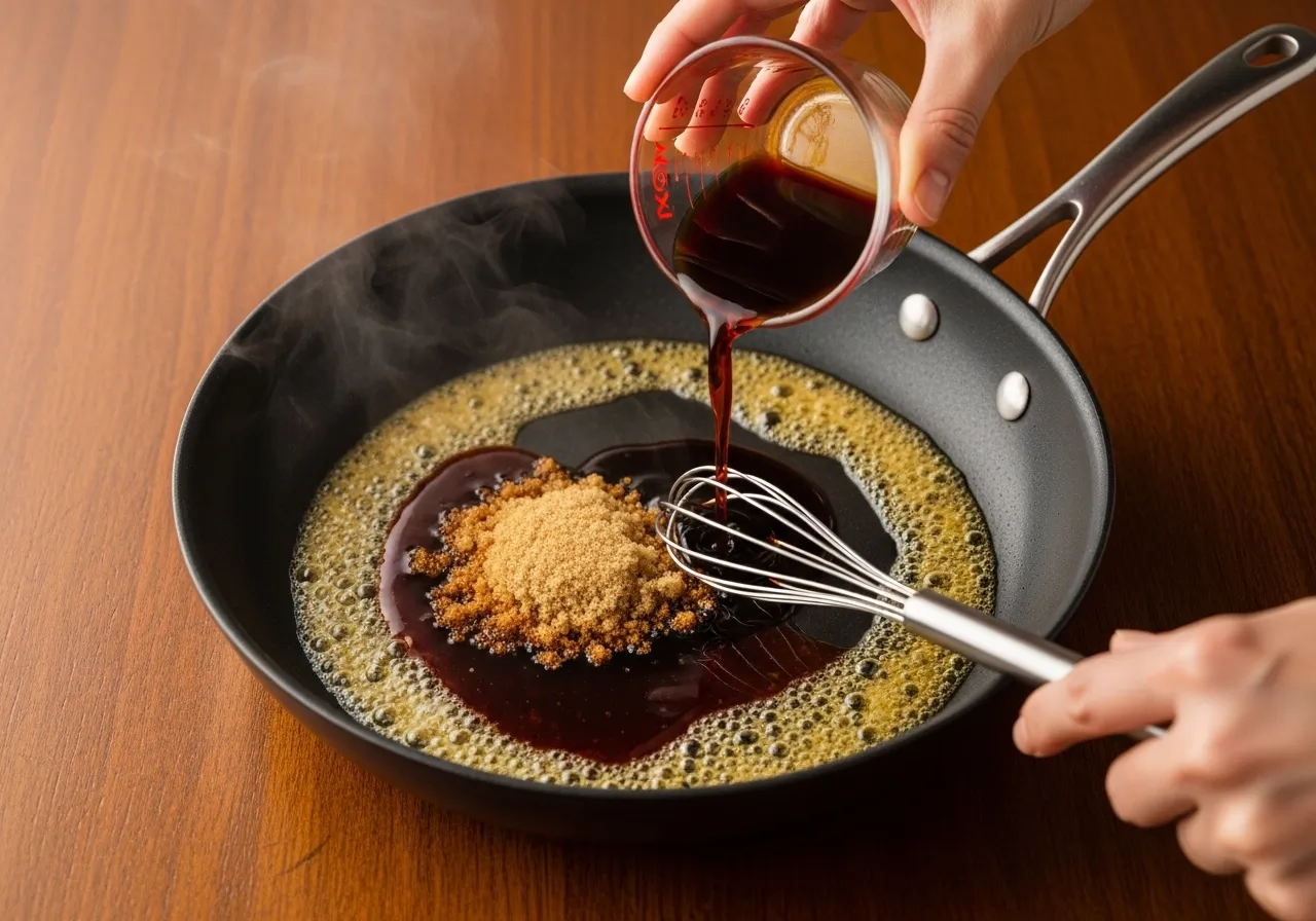 Same skillet with all butter melted into garlic and shallots, soy sauce and oyster sauce being poured in, sauce becoming glossy