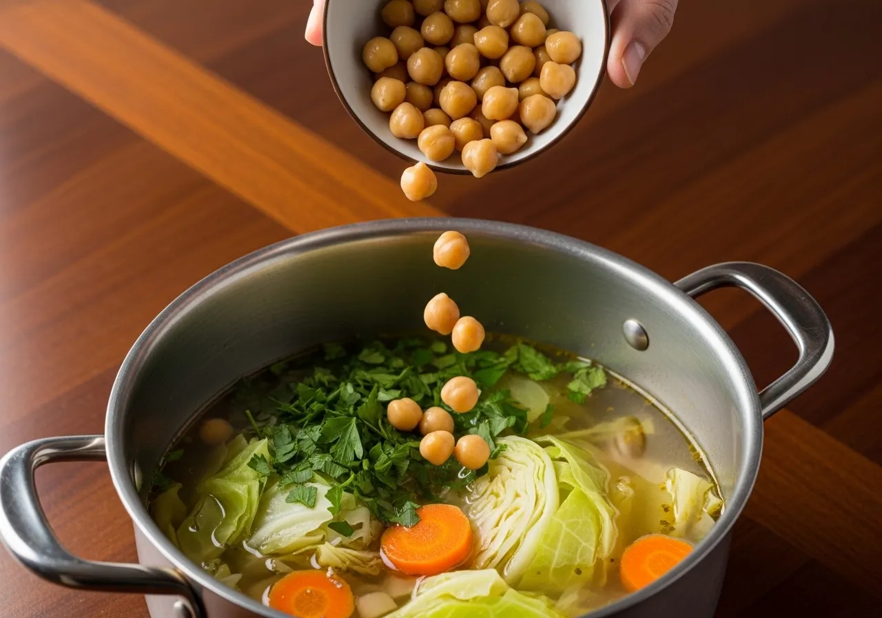 Close-up of pot showing chickpeas being added to simmering soup with fresh parsley scattered on top on dark wood table