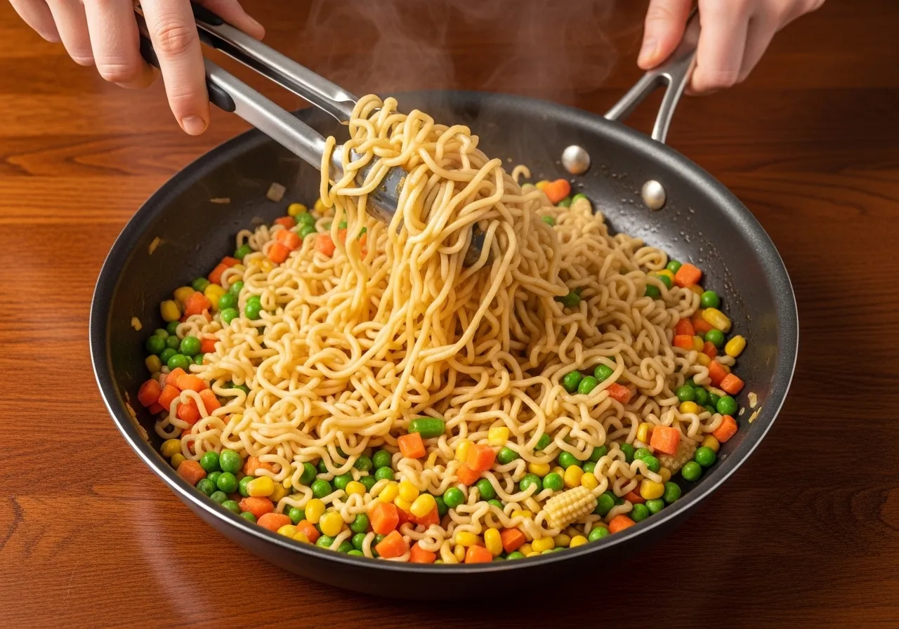 Large skillet with butter garlic sauce, cooked ramen noodles, frozen peas carrots corn, noodles being tossed with tongs