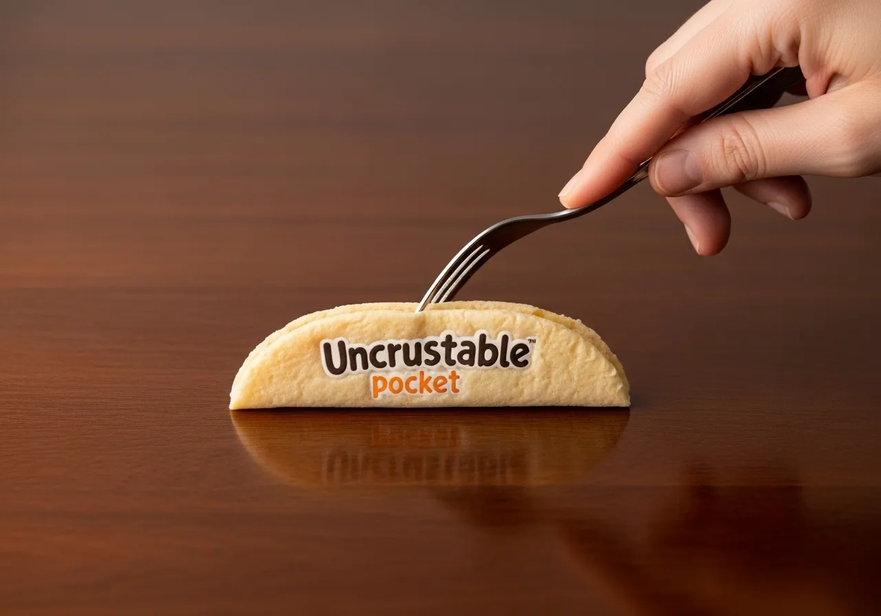 Close-up of a hand using a fork to crimp the final edge of an Uncrustable.