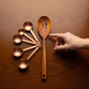 Hand-carved wooden cooking spoon and copper measuring spoons arranged on dark wood table with human hand reaching toward them.