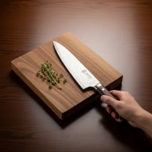 High-quality chef knife with dark wooden handle resting beside thick cutting board with herb sprigs on dark wood table.