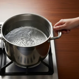 Large stainless steel pot filled with clear water showing small bubbles forming at the bottom before boiling