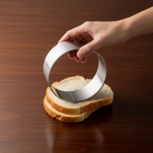 A hand holding a round stainless steel cookie cutter over two slices of bread on a dark wood table.