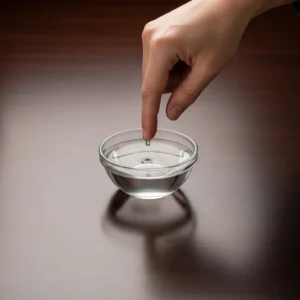 A fingertip dipping into a small bowl of water on a dark wood table.