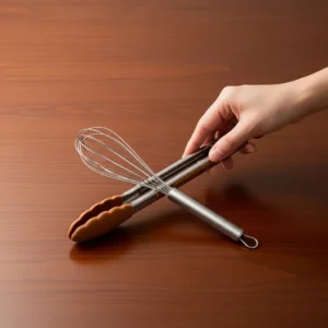 Wooden or silicone-tipped cooking tongs crossed with a small stainless steel whisk on dark wood surface