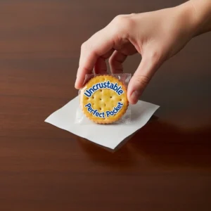 A hand placing a sealed Uncrustable pocket onto a square of parchment paper on a dark wood table.