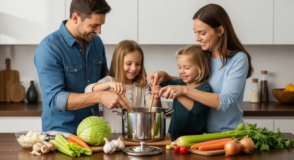 Happy family with two young children cooking classic butter garlic ramen in a modern kitchen with detox cabbage soup ingredients spread on the table