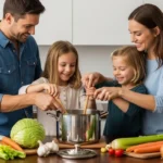 Classic Butter Garlic Ramen: 20-Minute Budget Friendly Recipe Happy family with two young children cooking classic butter garlic ramen in a modern kitchen with detox cabbage soup ingredients spread on the table