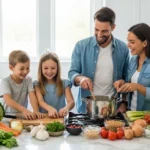 7-Day Mediterranean Cabbage Soup: Easy Weight Loss Cleanse Happy family with two children cooking Mediterranean cabbage soup together in bright modern kitchen with fresh ingredients on island