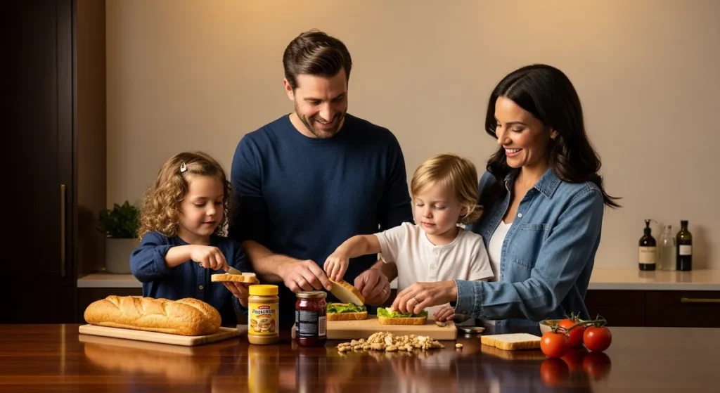 A happy family of four, parents and two kids, making homemade Uncrustable sandwiches together in a modern kitchen with ingredients on the counter.