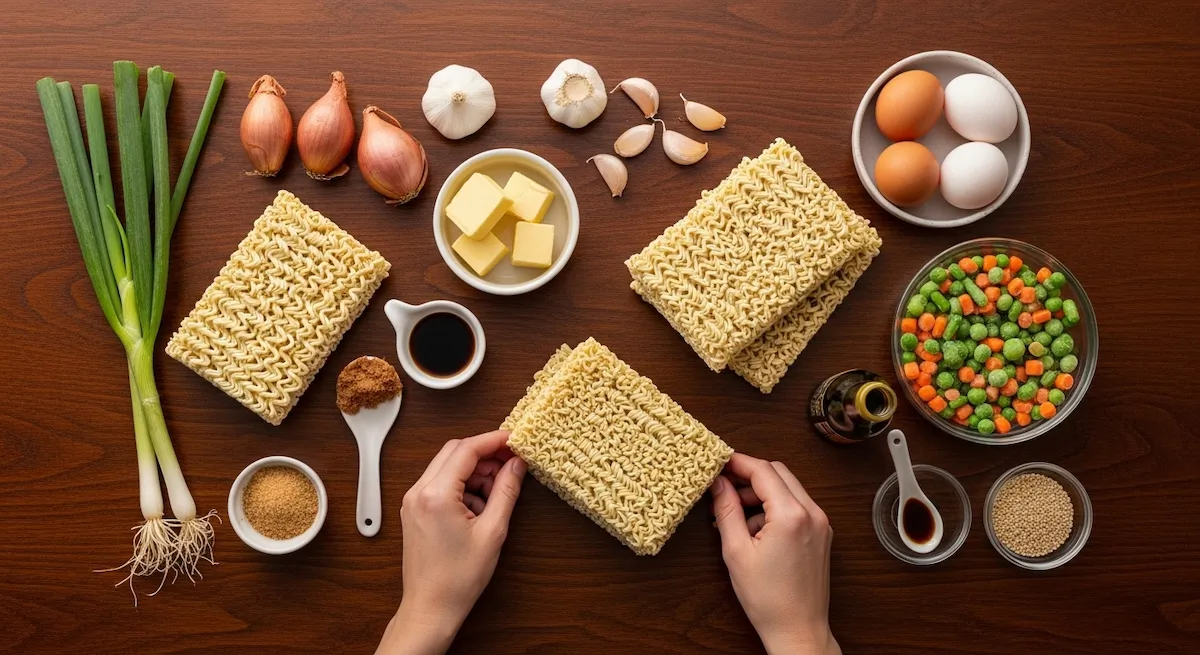 verhead flat lay of all classic butter garlic ramen ingredients including ramen packs, butter, garlic, shallots, soy sauce, eggs, and vegetables