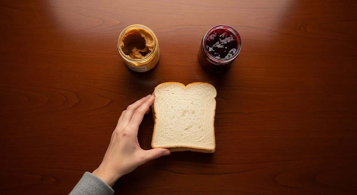 Overhead shot of a hand placing two slices of bread next to jars of peanut butter and jam on a dark wood table.