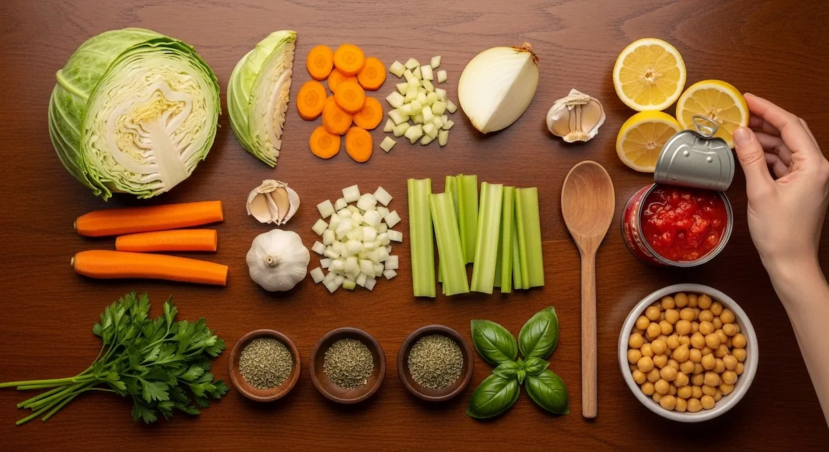 Top-down flat lay of fresh Mediterranean cabbage soup ingredients including cabbage, carrots, chickpeas, tomatoes, and herbs on dark wood table.