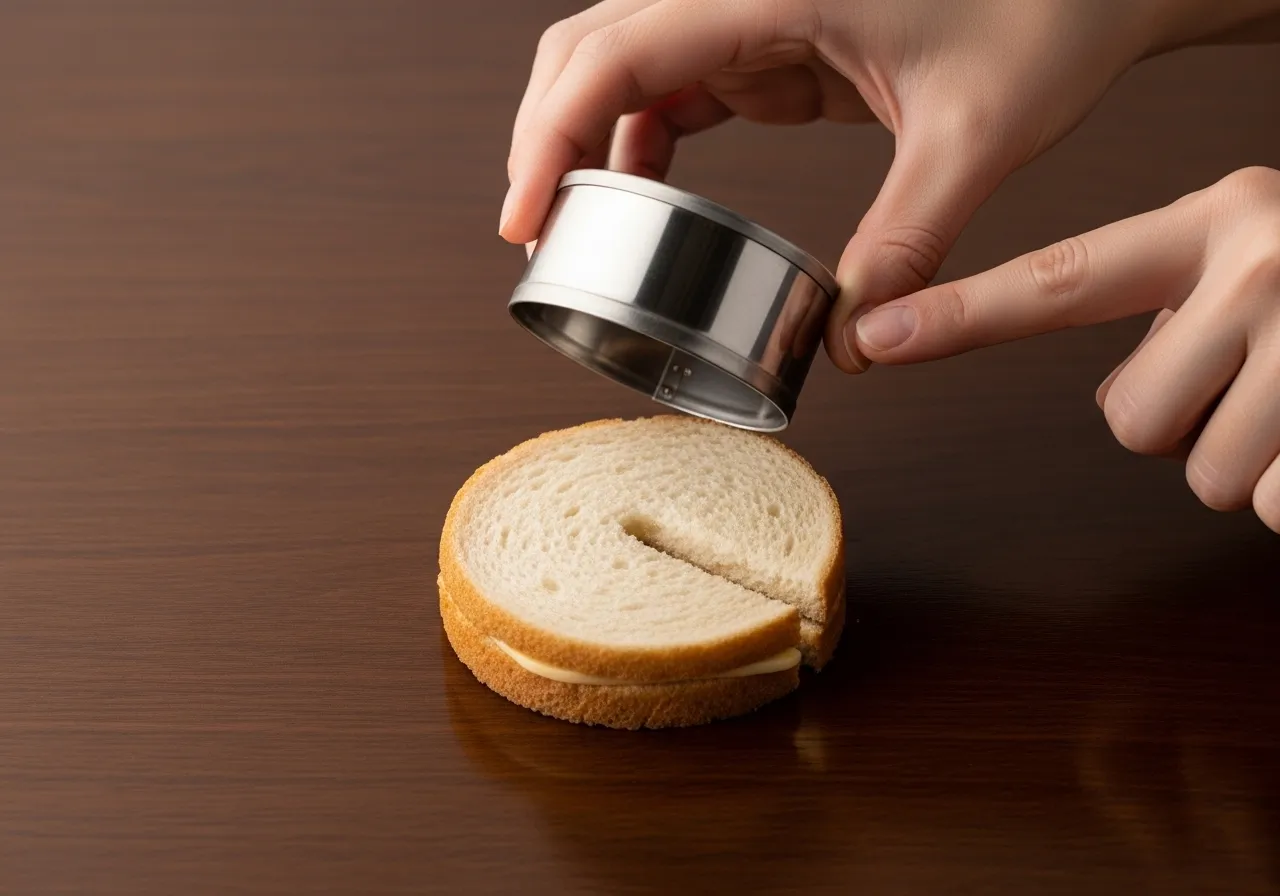 A hand lifting a round cutter away from a cut sandwich pocket, ready to moisten the edge.
