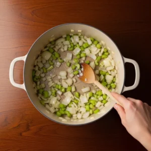 Large pot on dark wood table showing onions and celery sautéing until translucent with wooden spoon stirring.