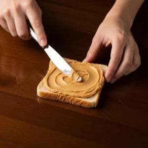 A hand spreading a smooth layer of creamy peanut butter on a slice of bread.