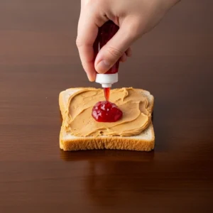 A hand squeezing a dollop of strawberry jam onto the center of peanut butter-covered bread.