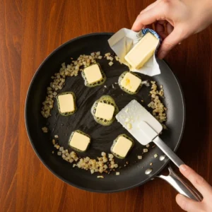 Same skillet with garlic and shallots now translucent with four additional tablespoons of butter being added in small pats