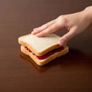 A hand pressing the second slice of bread on top to complete the sandwich.