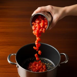 A can of diced tomatoes is being poured into a pot, with a red tomato stream visible as it falls onto aromatics below.