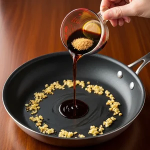 Small measuring cup tilted above skillet pouring soy sauce, oyster sauce, and brown sugar mixture into buttery garlic base