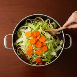 Large pot showing bright green cabbage ribbons and orange carrot half-moons being added to tomato broth.