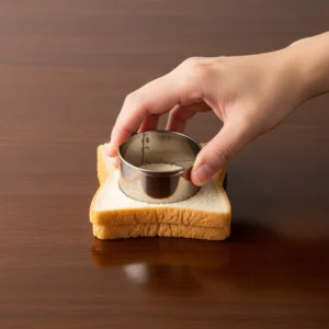 A hand pressing a round cookie cutter down through the center of the sandwich.