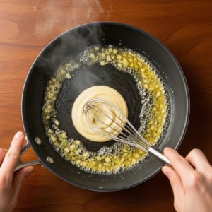 Skillet with combined butter, garlic, shallots, and sauce mixture being whisked until glossy and smooth with bubbles forming