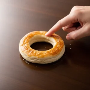 A fingertip running water around the outer edge of the circular bread pocket.