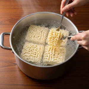 Large pot of water at rolling boil with four blocks of instant ramen noodles submerged and beginning to soften