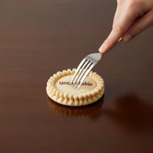 A hand using a fork to crimp and seal the edge of the Uncrustable pocket.