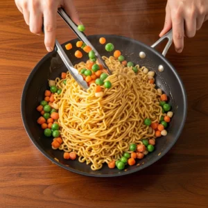 Large skillet with butter garlic sauce, cooked ramen noodles, and frozen vegetables being tossed together with tongs