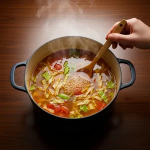 Large pot showing Mediterranean cabbage soup gently simmering with tiny bubbles and light steam rising