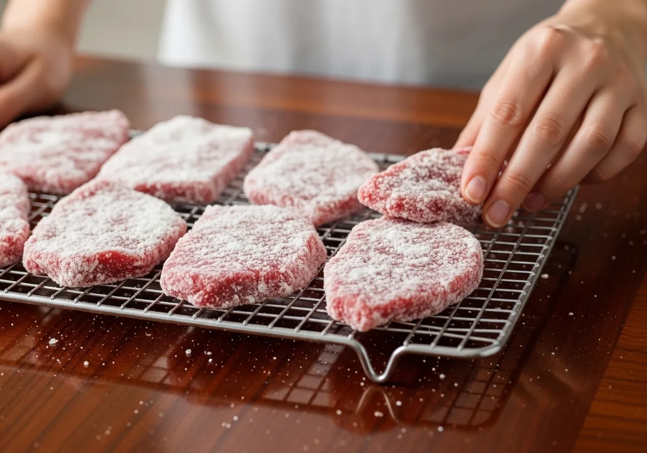 Cornstarch-coated flank steak slices on a wire rack with a human hand placing the last piece