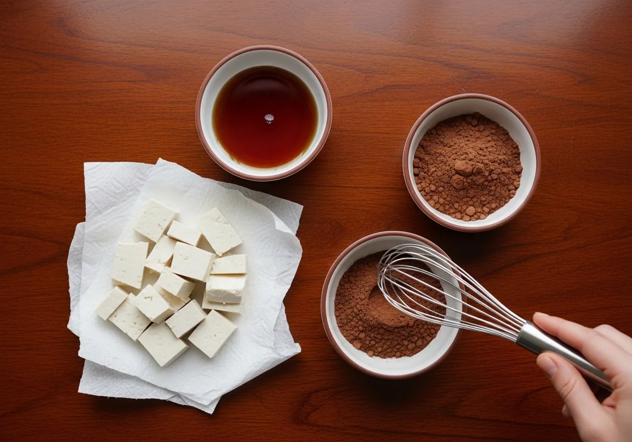 Step one of guilt free chocolate mousse preparation on dark wood table showing silken tofu pieces on paper towel, warm maple syrup bowl, sifted cacao bowl, human hand holding whisk ready to combine