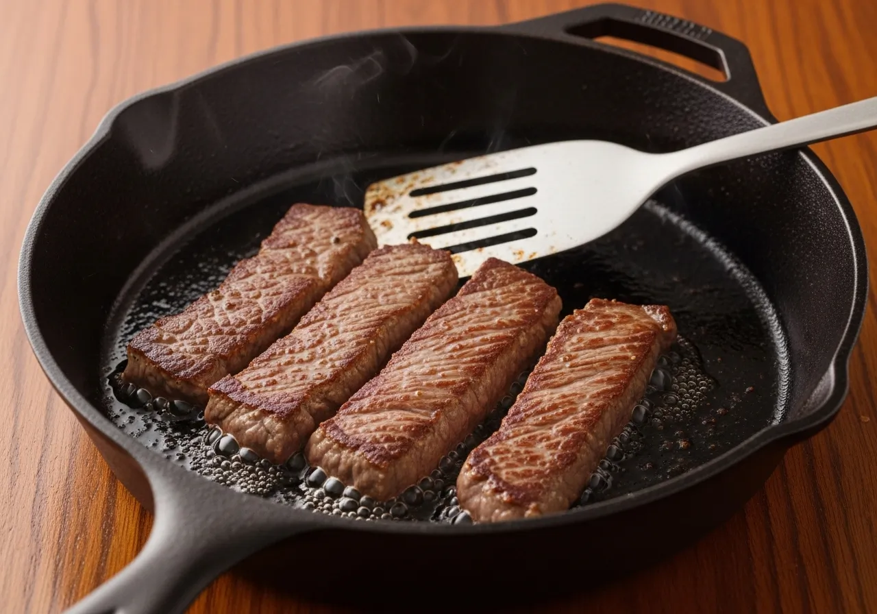 Close-up of beef strips searing in a cast iron skillet with brown crust forming, small bubbles around the beef, spatula resting against pan edge, no hands.