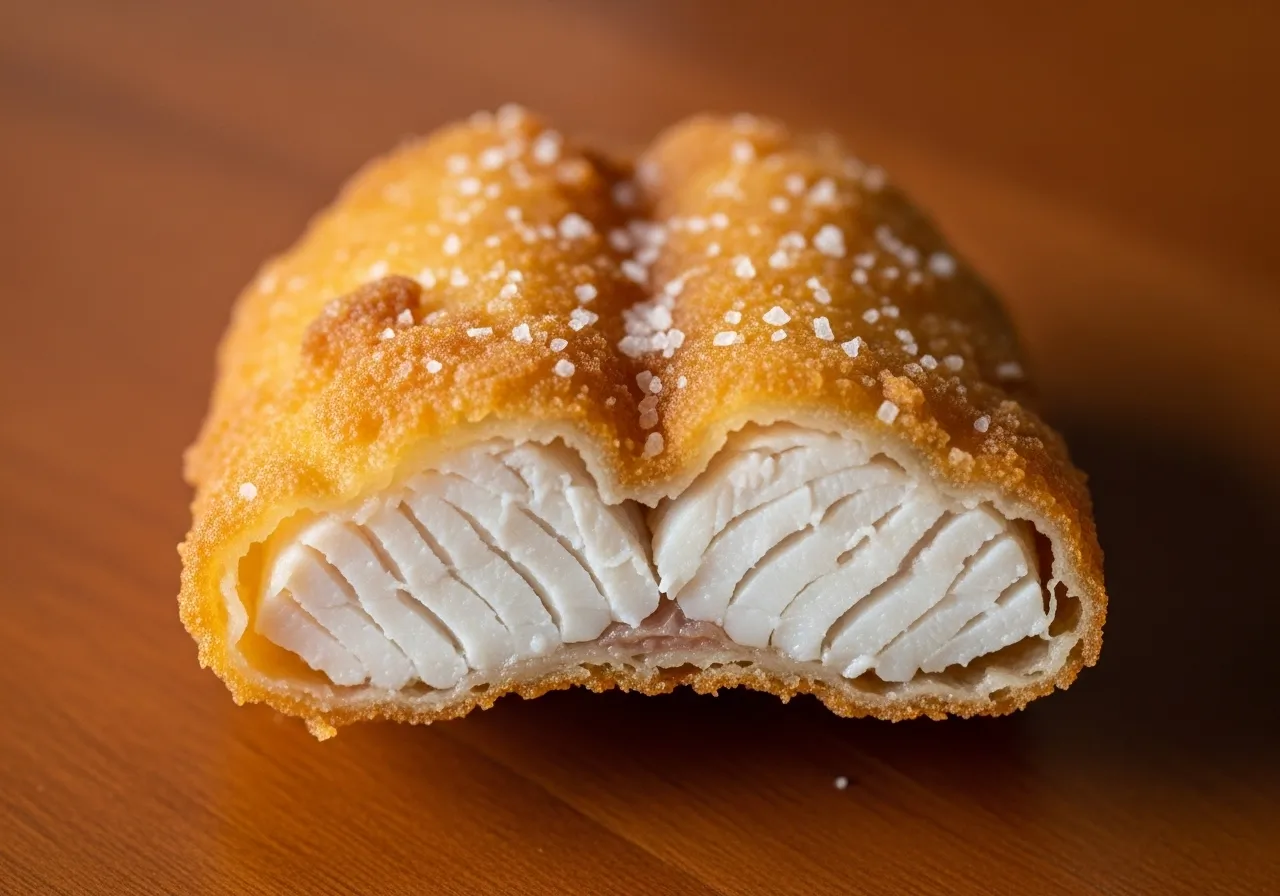 Top-down view of one crispy Baja fish taco with white sauce, cabbage, and lime wedge