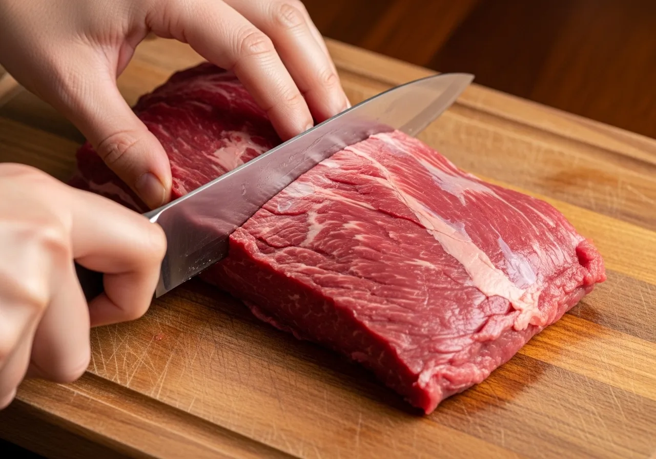 A human hand slicing a raw flank steak thinly against the grain on a wooden cutting board with a chef's knife.